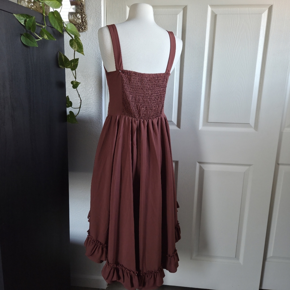 Scarlet Darkness steampunk brown red rust high-low dress Sz Small Ruffle detail - Picture 5 of 5